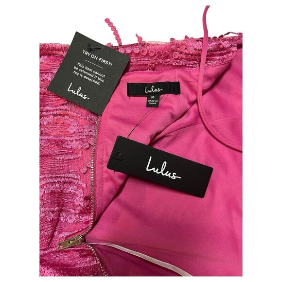 New Lulus Dress Womens M Making Magic Fringe Lace Up Mini Overlay Bright Pink - Picture 7 of 16